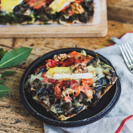 Aubergine, red pepper, brie cheese and walnut coca